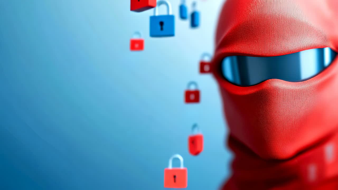 Secure digital landscape with red figure. A red-cloaked figure stands against a blue background filled with floating padlocks representing digital security