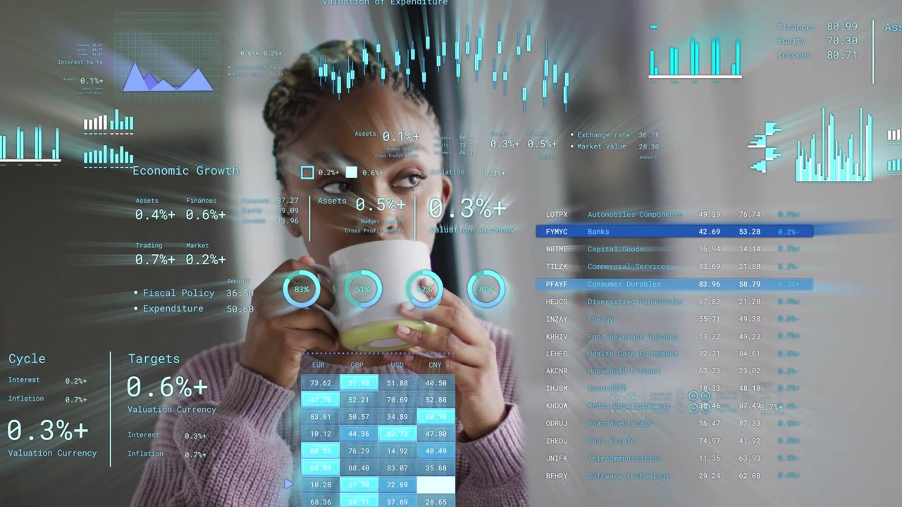 Woman holding mug, watching floating finance UI readouts appearing before her, aiding decisions