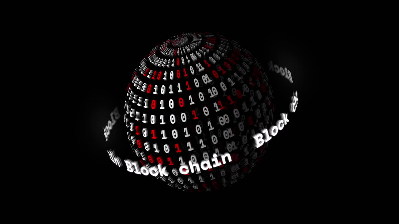 Animation of globe with block chain text and binary coding spinning on black background