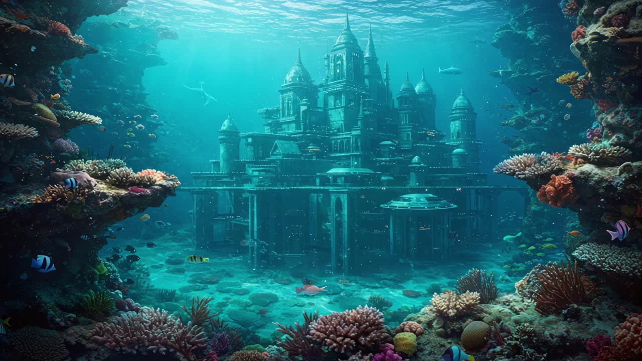 A Stunning Underwater Scene Showcasing an Enchanting, Ancient Castle Surrounded by Vibrant Coral Reefs and Diverse Marine Life Beneath Crystal Clear Waters