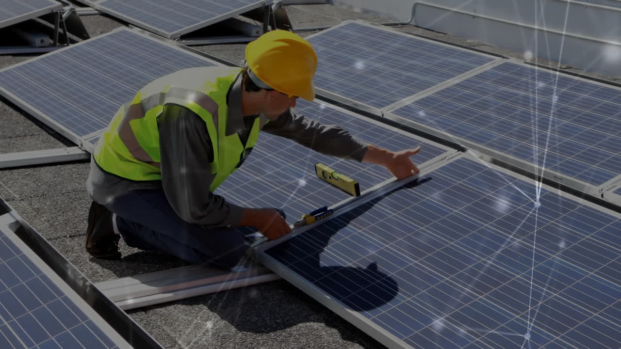 Installing solar panels, worker in safety gear over solar energy animation