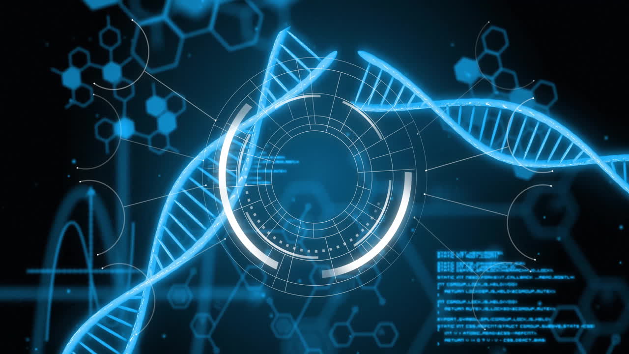 animación de procesamiento de datos digitales con escaneo de alcance sobre cadenas de adn en fondo negro