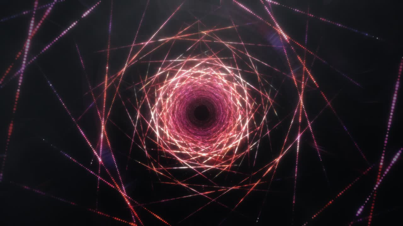 Abstract wire mesh neon tunnel pattern with blurred futuristic interface, flare light and bokeh. Glowing hi technology texture. Abstract motion background. Cyber punk concept. 4K 3D Seamless loop.