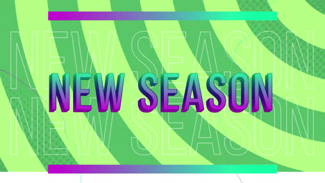 animation of new season text in green and purple letters over green abstract background