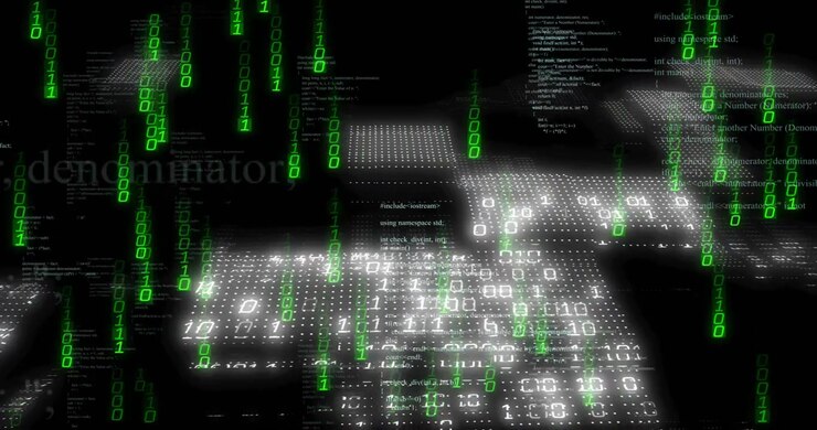 Dalende groene binaire stromen worden geïnitieerd, met zwevende C++ panelen die vooruit bewegen en een 3D-coderaster weergeven.