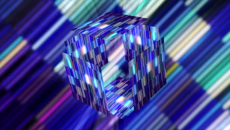 bright cube in game. motion. shimmering colorful cube in cyberspace. neon striped cube opens in game space