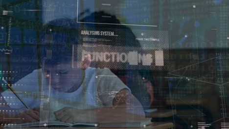 animation of interface with data processing over caucasian boy studying in the class at school