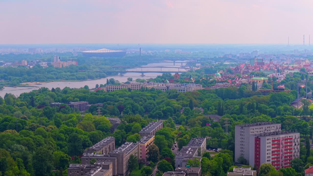 Urban river waters, city nature, royal castle, old town, aerial view