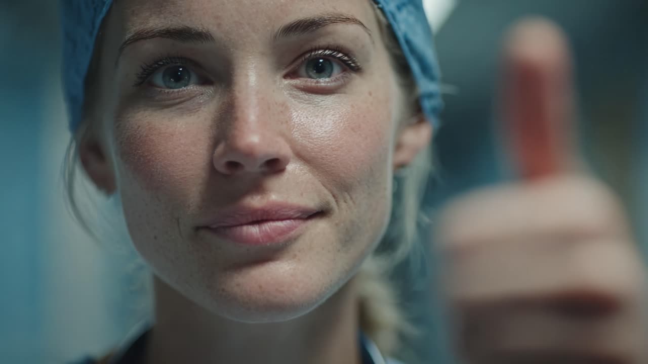 A confident healthcare professional smiling and giving a thumbs-up sign, embodying positivity and assurance in a clinical environment