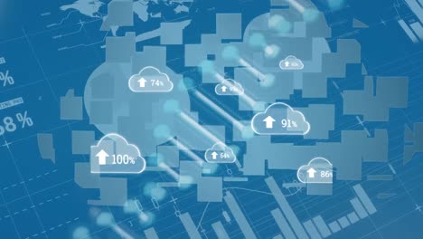 animation of clouds with numbers and dna chain over data on blue background