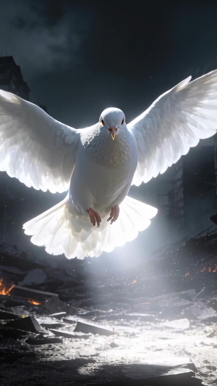 Vertical video: Beam drawing white dove down, hovering over ruined street rubble, revealing embers
