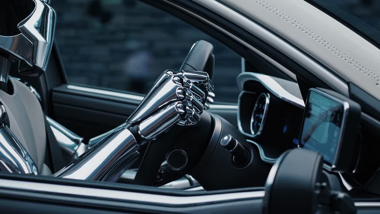 un robot conduciendo un coche futurista