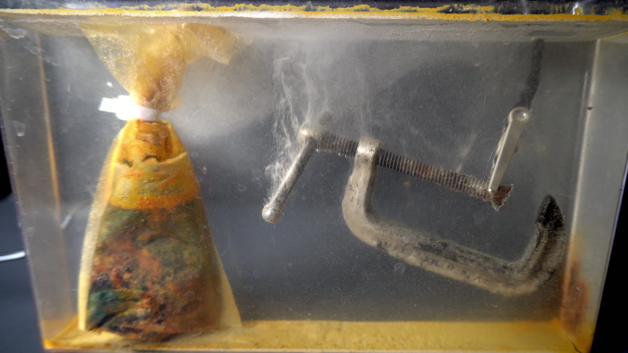 C-clamp is cleaned of rust with electrolysis