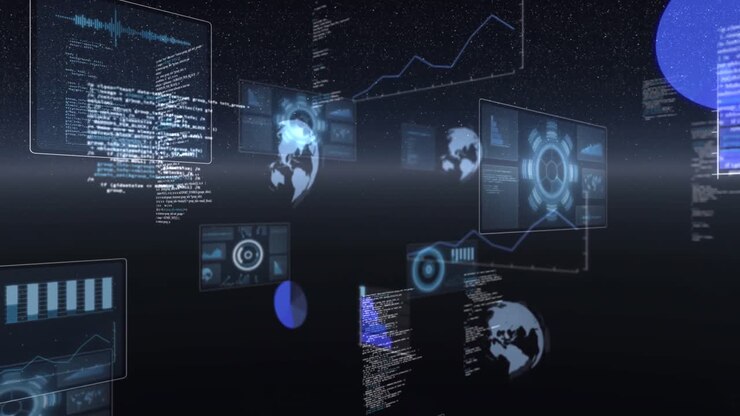 Animation of globes spinning, statistics recording and data processing over universe