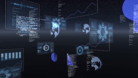 Animation-of-globes-spinning,-statistics-recording-and-data-processing-over-universe