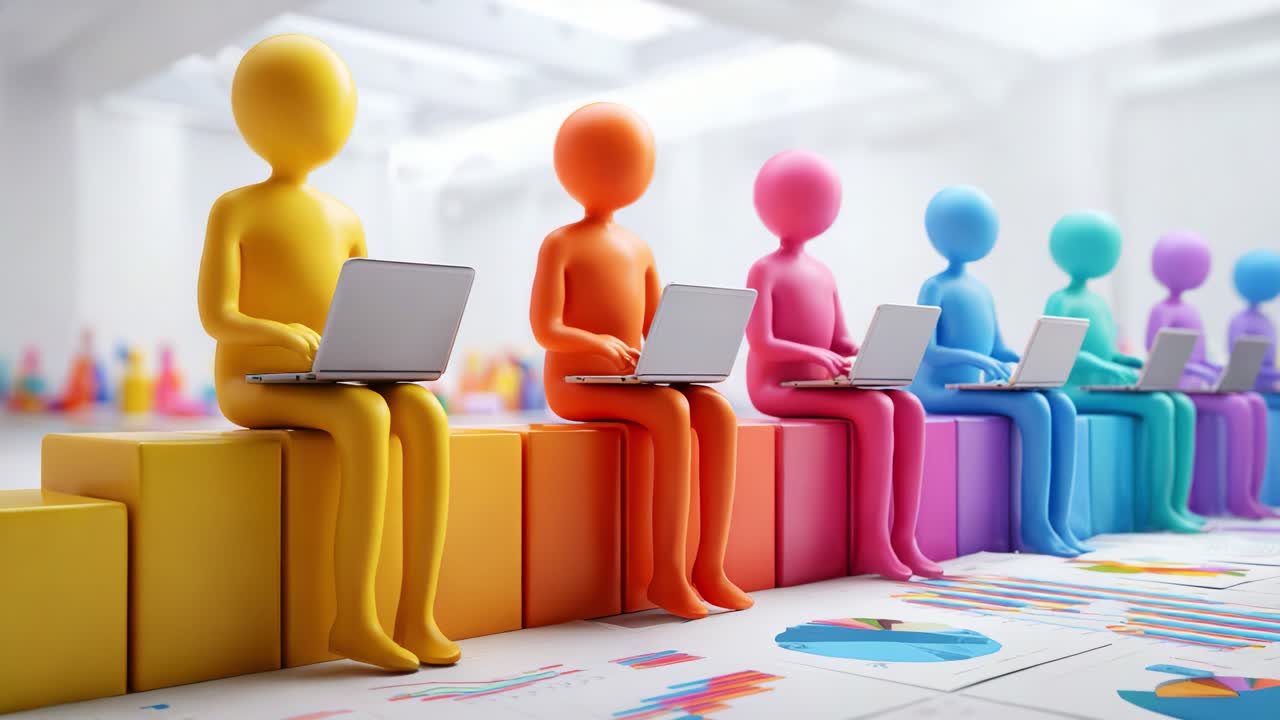 Colorful Abstract Figures Engaged in Digital Tasks: A Visual Representation of Modern Work Culture with Animated Characters Using Laptops in a Creative Space