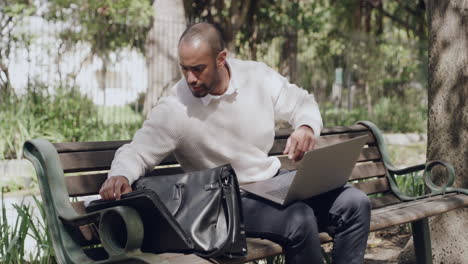 man sitting on park bench, looking upset