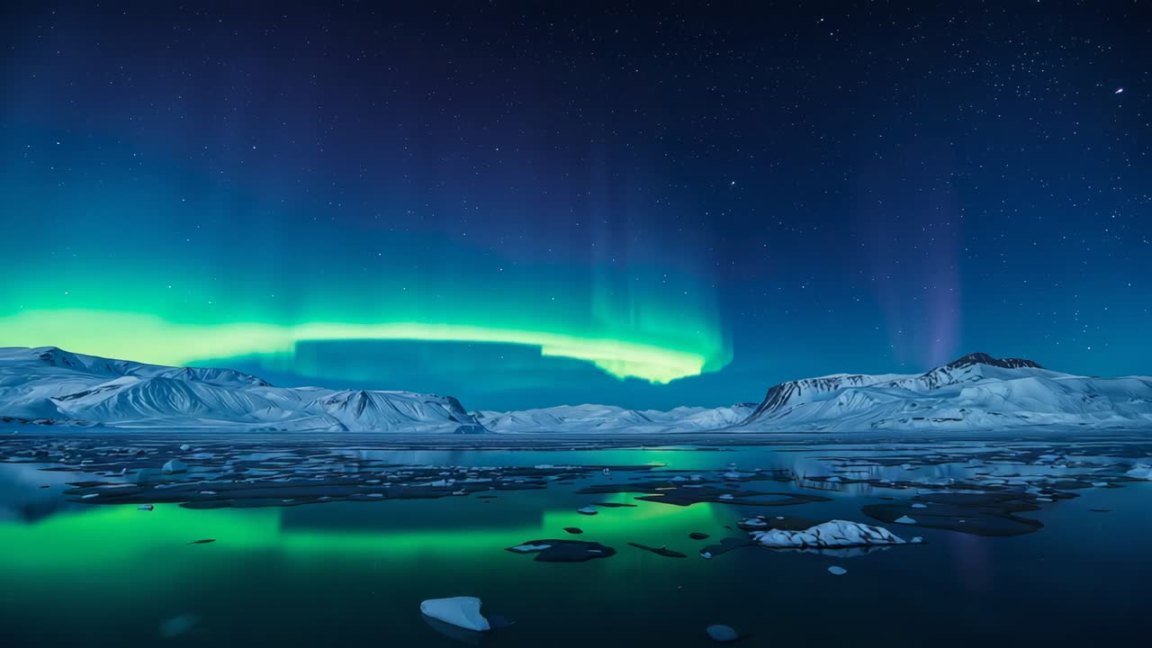 Starting camera capturing aurora borealis moving above arctic lagoon, with ice floes and mountains