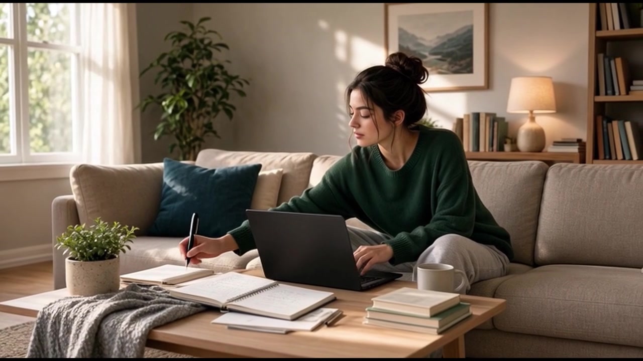 Young Woman Working on Laptop and Writing in Notebook at Home