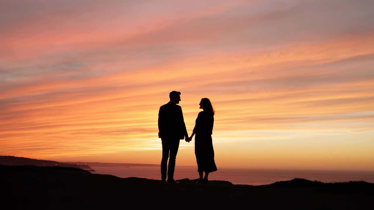 Two silhouetted adults stand on a hilltop at dusk, holding hands and facing each other beneath a dramatic orange and pink sky with soft clouds and a calm