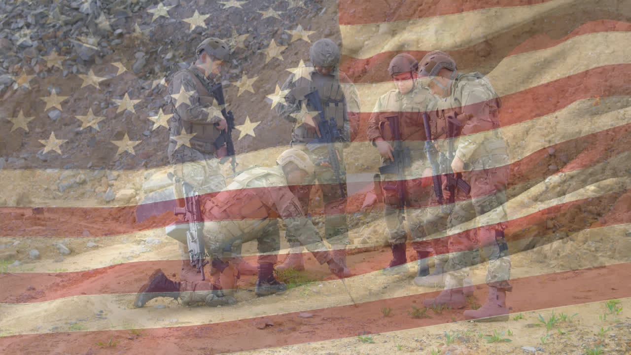 Animation of flag of usa over diverse soldiers