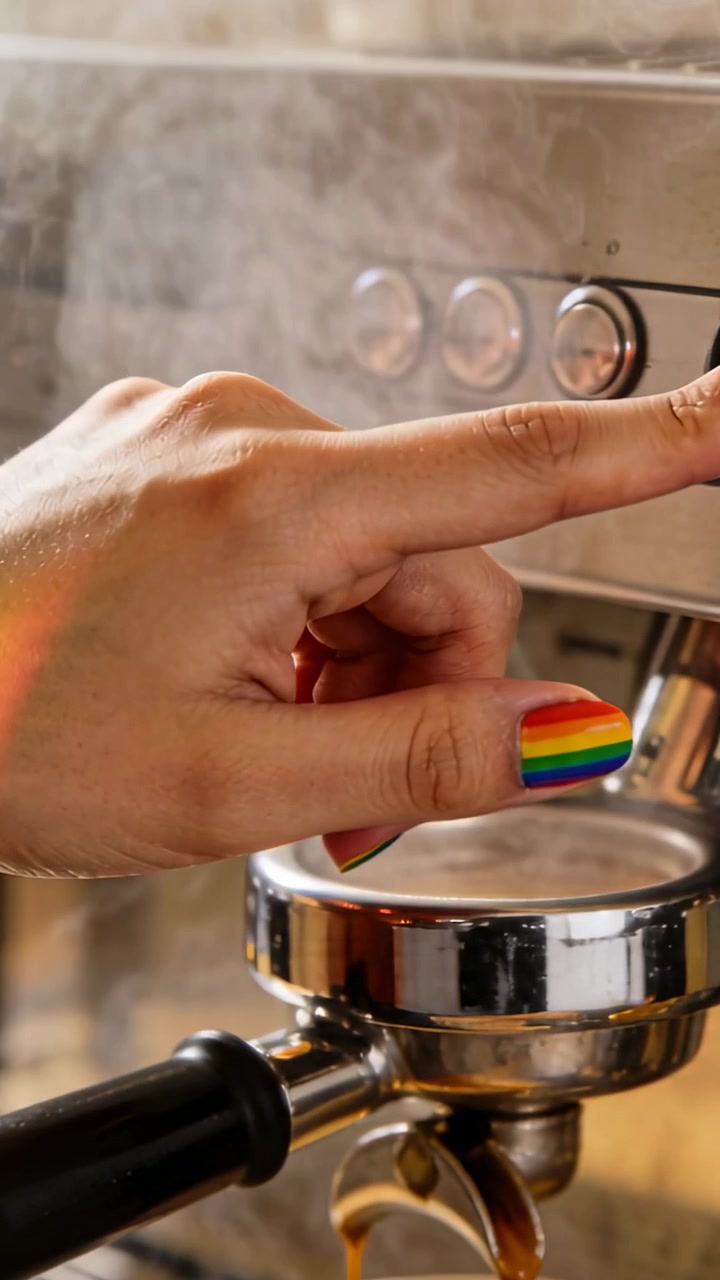 Video verticale: Mano con unghie arcobaleno che preme un pulsante sopra il portafiltro in un caffè, con spurgo di vapore