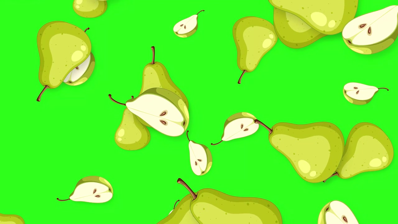 Pere verdi e fette in stile cartone animato cadono continuamente su uno sfondo verde brillante in loop