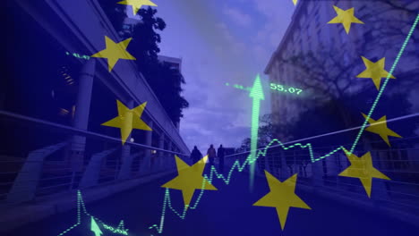 european union stars and financial data animation over people walking in urban area