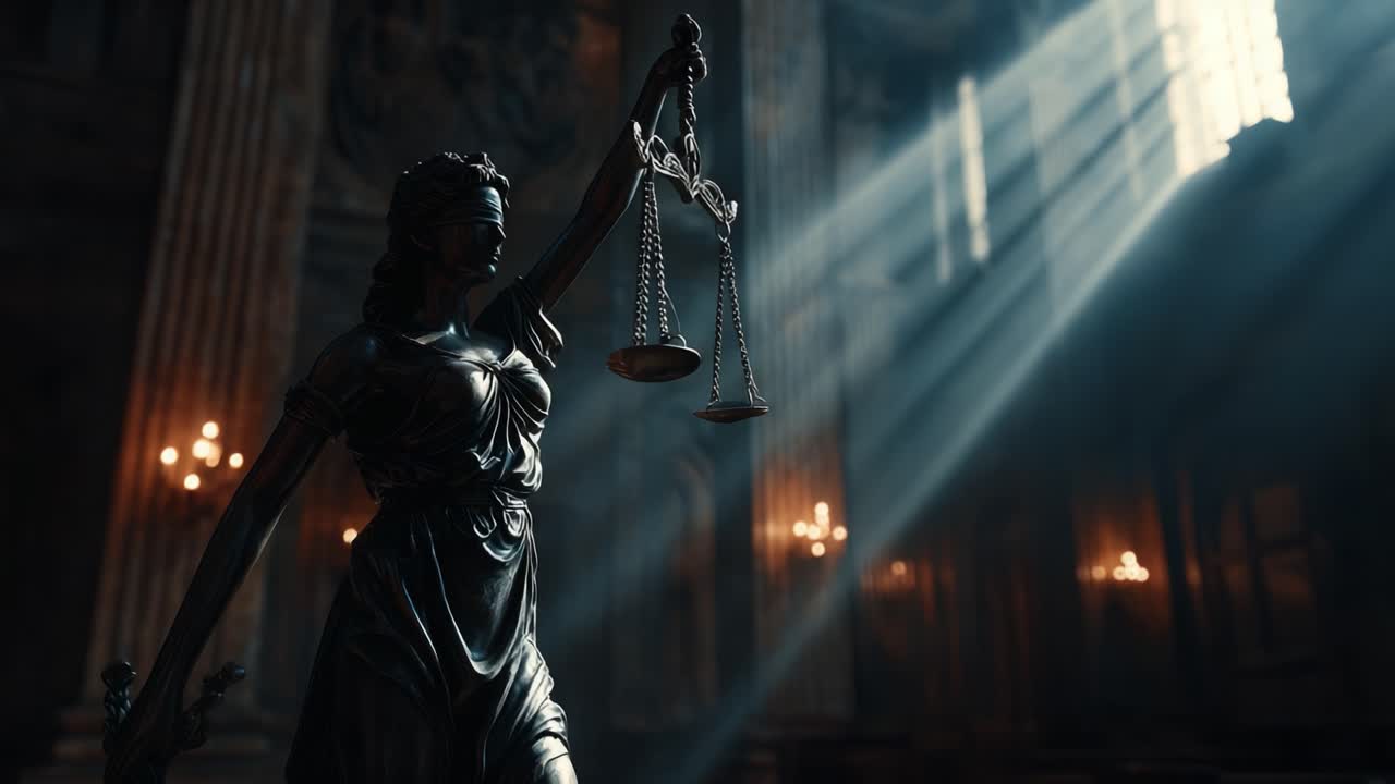 A Captivating Glimpse of Justice: The Symbolic Representation of Lady Justice Holding Scales in a Grand, Ethereal Setting Illuminated by Soft, Dappled Light