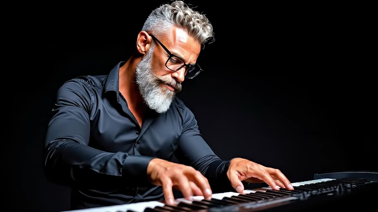 A man with a beard and glasses playing a piano