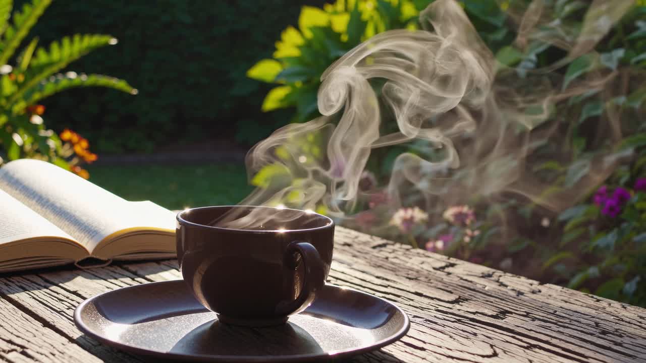 A steaming cup of coffee on a rustic wooden table, captured from a side angle