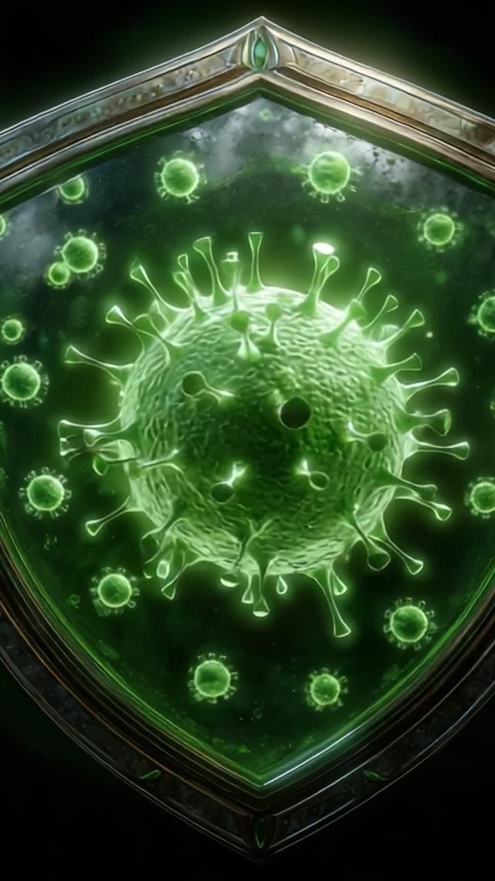 Una visualizzazione dettagliata di un virus racchiuso in uno scudo, evidenziandone la struttura e le complessità con un vivido bagliore verde su uno sfondo scuro