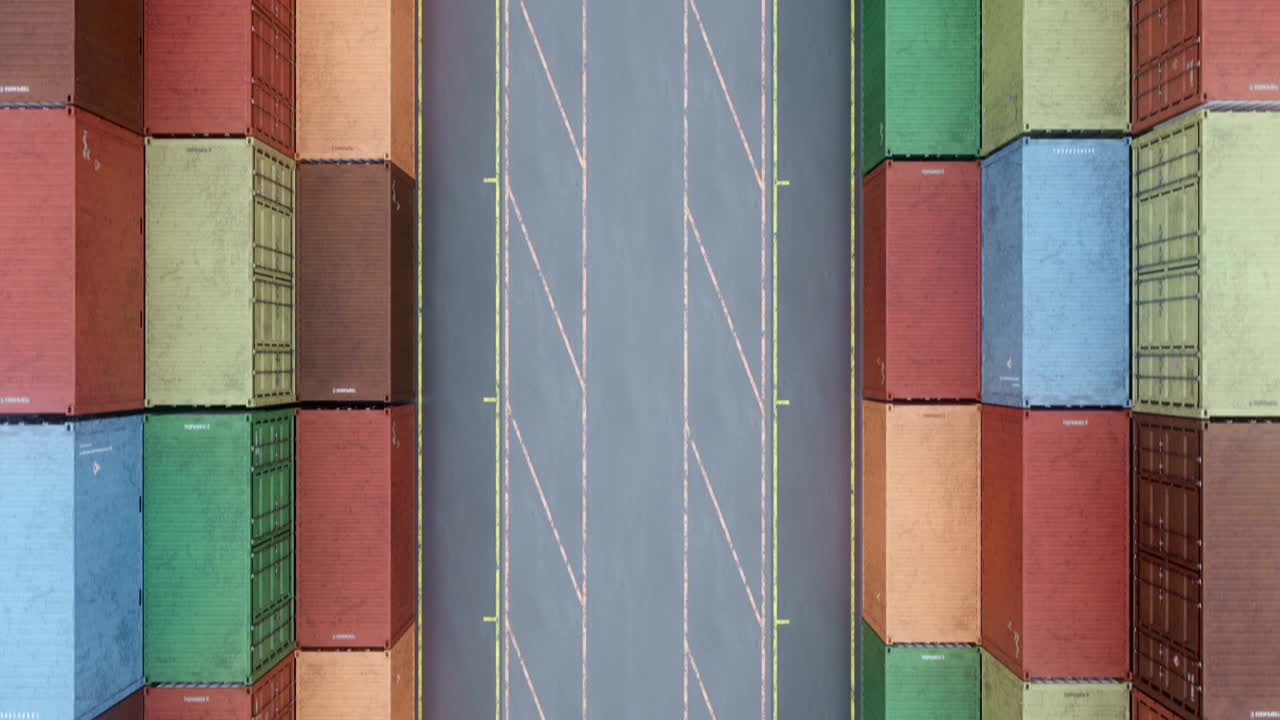 드론은 운송 항구에서 화물 운송 컨테이너의 줄을 촬영합니다.