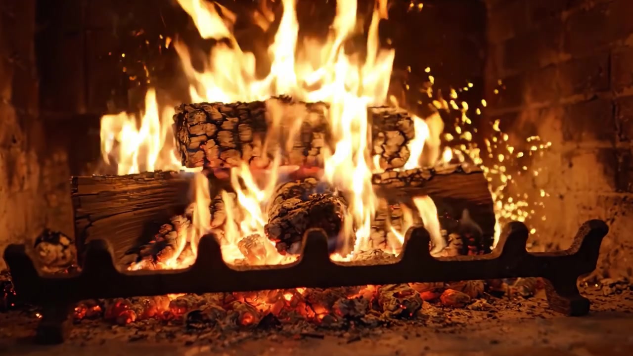 En varm og indbydende ild brænder i en hyggelig pejs, flimrende flammer danser over brænde og aske, hvilket skaber en fredfyldt atmosfære for afslapning