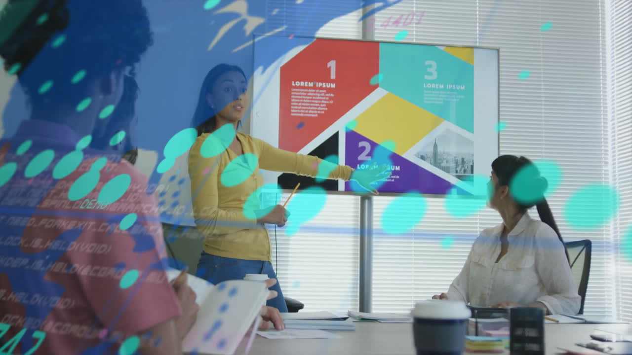 Animation of data processing over diverse business people in office