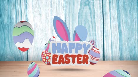 Animation-of-happy-easter-text-with-easter-bunny-ears-and-easter-eggs-on-blue-wooden-surface