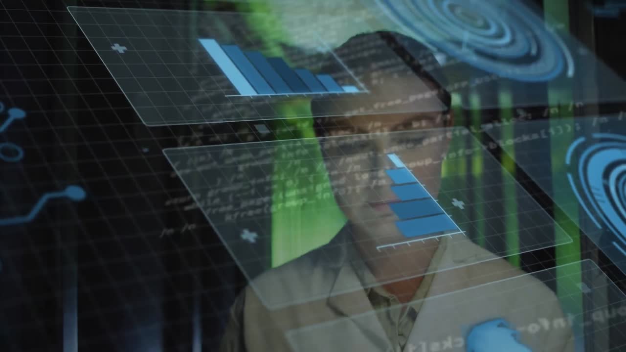 animación de gráficos y procesamiento de datos sobre mujer caucásica trabajando en la sala de servidores de computadora