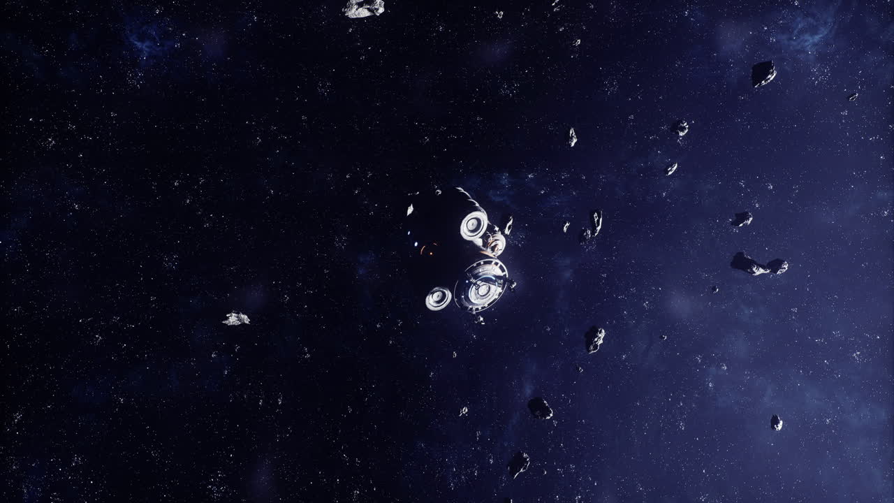 Space station surrounded by asteroids in a vast cosmic landscape