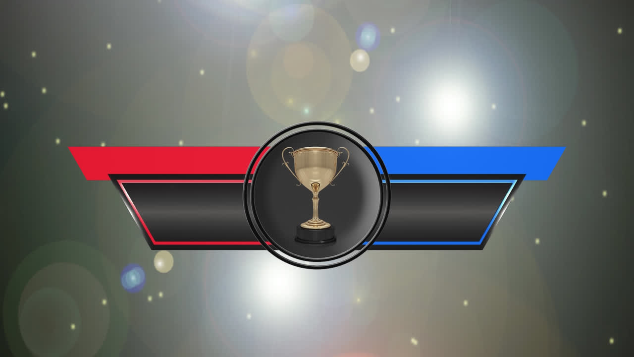 Animation af hold- og resultatbanner med guldpokal og plads til tekst over glødende prikker.