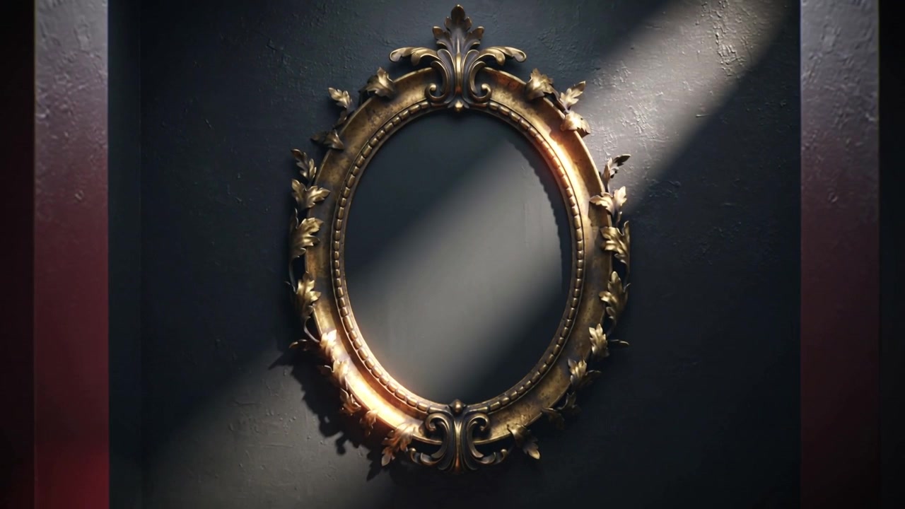 Luce diagonale ampia che rivela una cornice ovale dorata e ornata, mettendo in mostra dettagli intagliati e pannelli rossi.