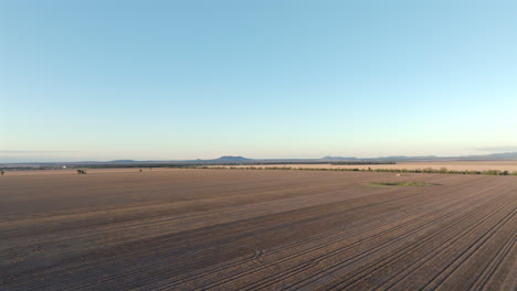 aerial drone shot flying over vast plowed fields stretching into the horizon, near moree, new south wales, australia