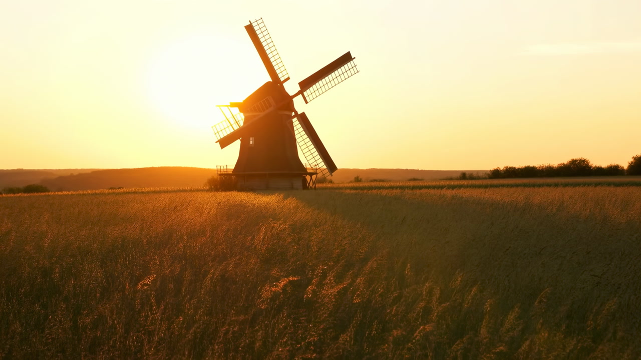 Sunset Mill Golden Hour Field, Cinematic Drone Capture Of Rustic Windmill Silhouetted Against Warm Sky, Tall