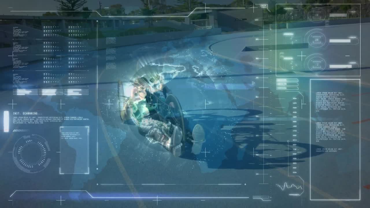 Animation of globe and data on digital interface over cyclist on recumbent cycle on sports track