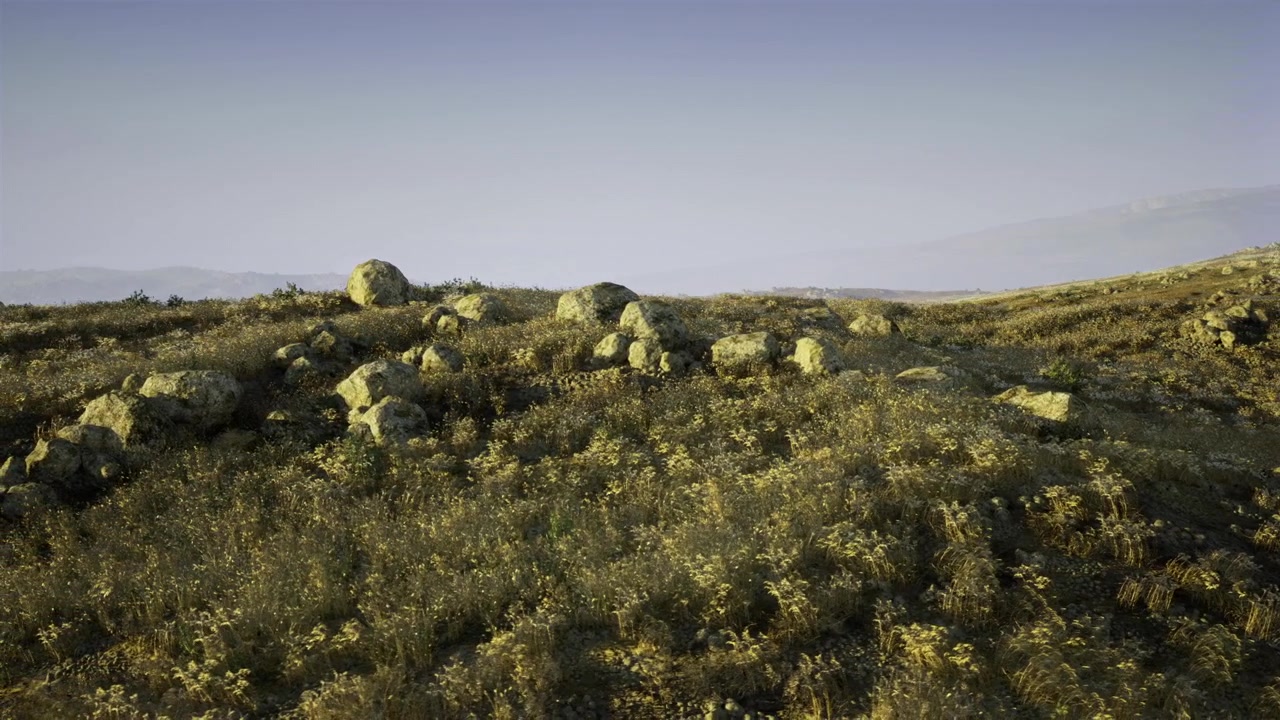 Fredfyldt landskab med levende blomster og klippefyldt terræn