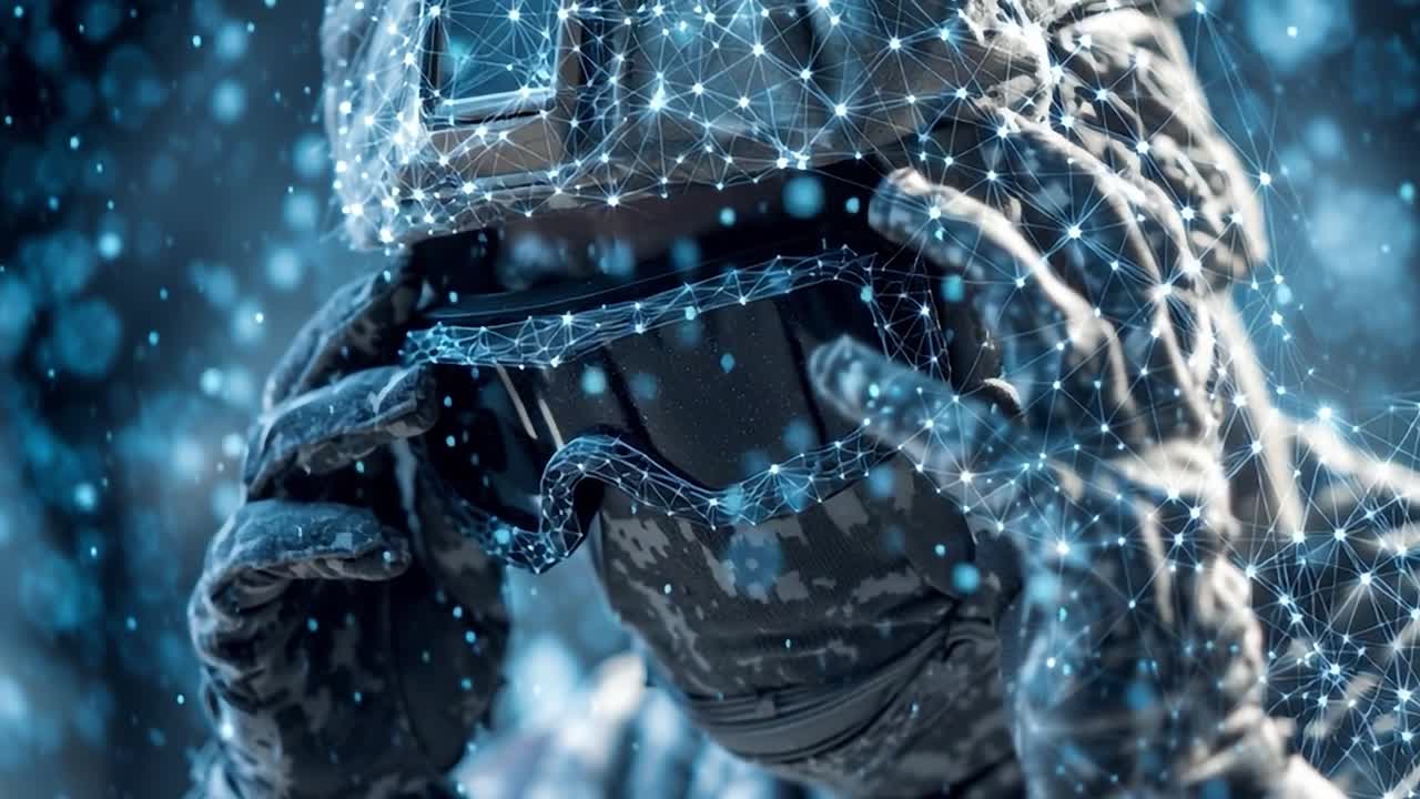 Soldier wearing advanced augmented reality goggles in a digital environment