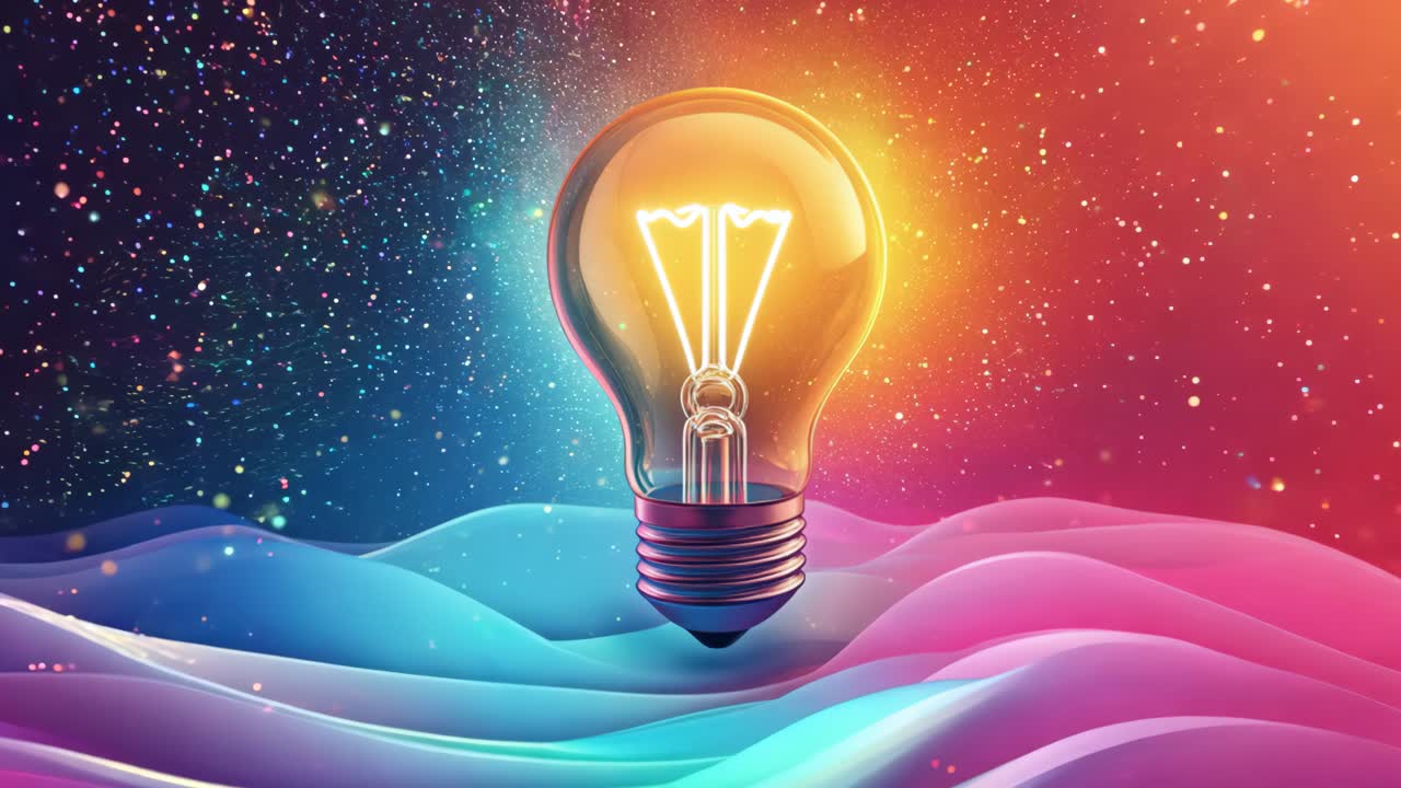 A light bulb is lit up in the sky. The light bulb is surrounded by a colorful background. The light bulb is glowing brightly, and it seems to be shining down on the colorful background