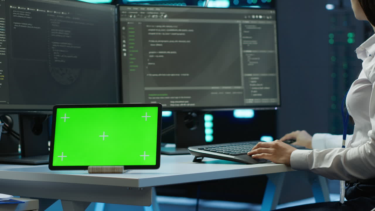 Woman doing maintenance on server room infrastructure using chroma key tablet