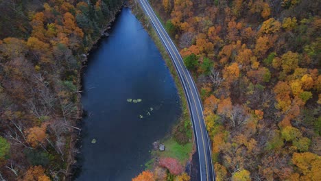 Top-down-drone-footage-of-a-freshly-paved-mountain-road-winding-through-a-beautiful-colorful-autumnal-forest