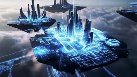 futuristic cityscape above the clouds: a stunning visual of high-tech architecture and neon glows in an otherworldly digital environment