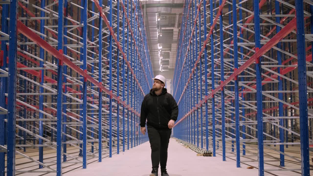 gran y moderno almacén en construcción, con estanterías metálicas y otros equipos industriales.